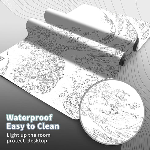 Black and White Large Mouse Pad, Japanese Sea Wave White Desk Pad for Keyboard and Mouse, Non-Slip Rubber Edge