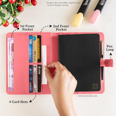 NEORAH B6 Notebook Sleeve with Loop + Dotgrid Journal, Faux Leather Sleeve with Penloop, 6 Card Slots, PINK