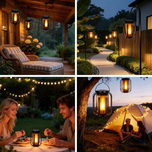 2 Pack 4 (New) Solar Lanterns Lights, Solar Lights Outdoor with Flickering Flame, Modes Waterproof Hanging Lantern