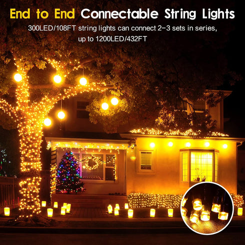 300 108FT 8 Techip LED Christmas Lights Outdoor, Warm White Christmas Tree Lights Outside Waterproof Twinkle Lights
