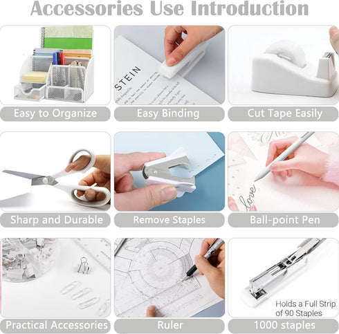 White Office Desk Accessories, 12pcs Organizers with Tape Dispenser, Stapler, Scissors, Ruler, Sticky Tabs, Clips Set
