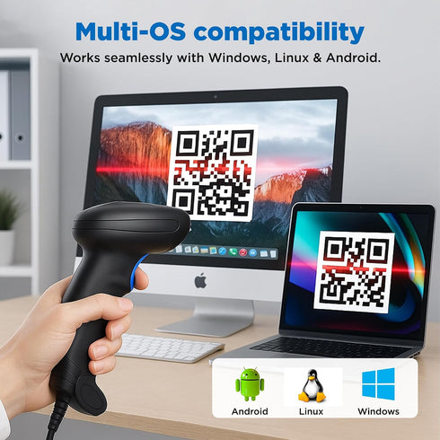 Generic 1MP 2D Barcode Scanner with Stand, Code Reader with Image Sensor, Barcode Scanner for Multi Purposes & Wired