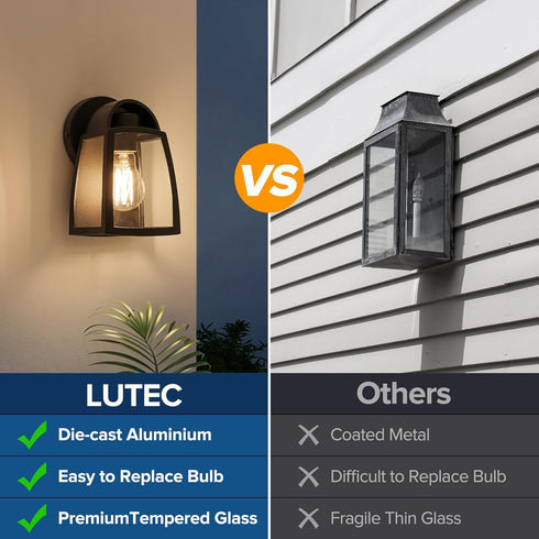 LUTEC Outdoor Wall Light Fixtures, Exterior Waterproof Wall Lantern with Clear Glass Shade, Aluminum Modern Matte Black