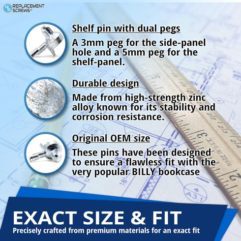 16pcs 131372 ReplacementScrews Billy Bookshelf Pins/Pegs Compatible with IKEA Part - Zinc Alloy Die-Cast Shelf Supports