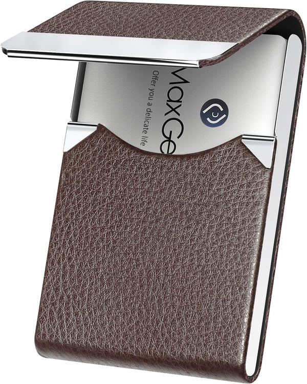 MaxGear Business Card Holder, PU Leather & Stainless Steel Case for Men or Women, RFID Blocking, Coffee
