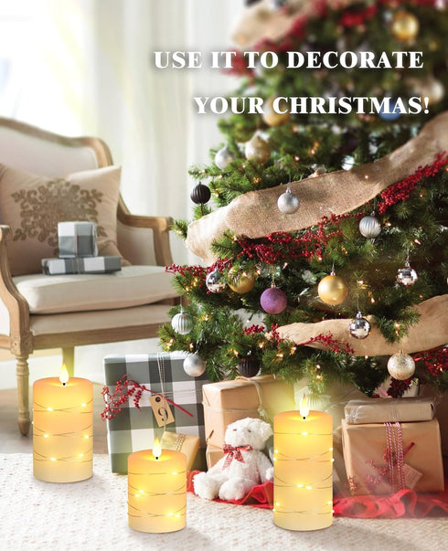 Wax,3 Pack-Ivory Da by Flameless Candles with String Lights, Battery Operated Candles with Remote and Timer, LED Pillar
