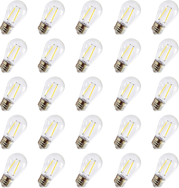 S14 Clear String Light Bulbs, 2W Plastic LED Replacement Bulbs for Outdoor Patio String Lights, E26 Base, Pack of 25