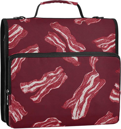 Fisyme 3 Red Bacons Retro Zipper Binder Ring with Zipper and Shoulder Strap Large Capacity Multi-Pocket Binder