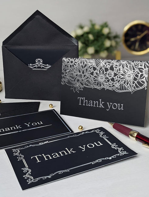 T&M Quality Designs LLC 120 6 4x6 Inches Elegant Thank You Cards in Black with Matching Black Envelopes and Sealing