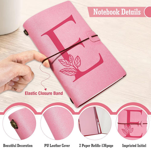 Personalized Pink Initial Leather Journal Gift, Heart Diamond Pen Set, Travel Notebook Diary, Refillable Notepads