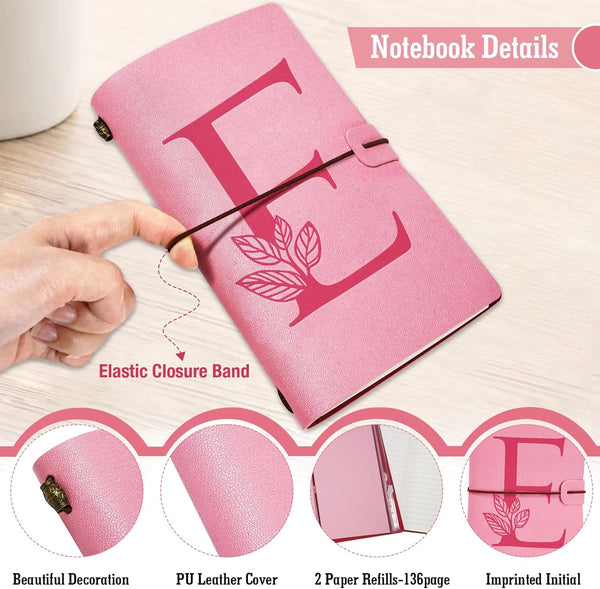 Personalized Pink Initial Leather Journal Gift, Heart Diamond Pen Set, Travel Notebook Diary, Refillable Notepads