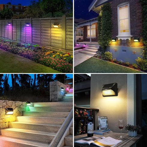 2 Packs 9 intelamp Solar Fence Lights Outdoor, Colors & RGB Color Changing Deck Lights Waterproof, Solar Powered LED