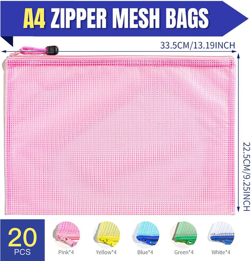 LEOBRO 20PCS Mesh Zipper Pouch - A4 Letter Size Mesh Bags with Zipper, Document Bags, Plastic Envelopes for
