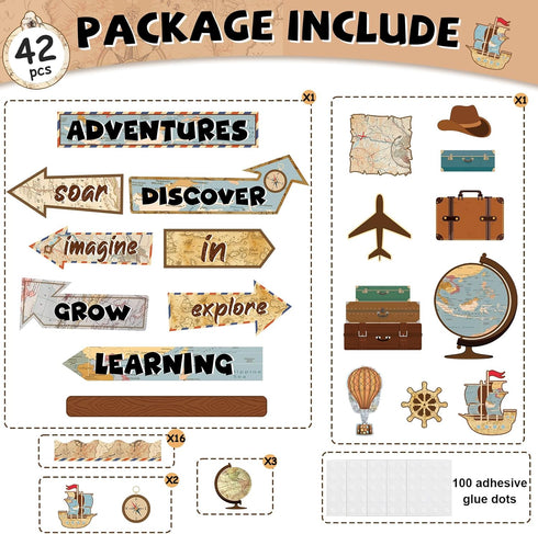 Travel The Map Bulletin Board Cutouts with Motivational Sign for Kids Let's Explore Voyage Classroom Decor