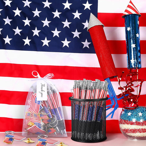 Qilery 150 Pcs Veterans Day Style American Flag Lapel Pins, Ballpoint Pen, Keychains, Thank You Card Gift Bag for 4th