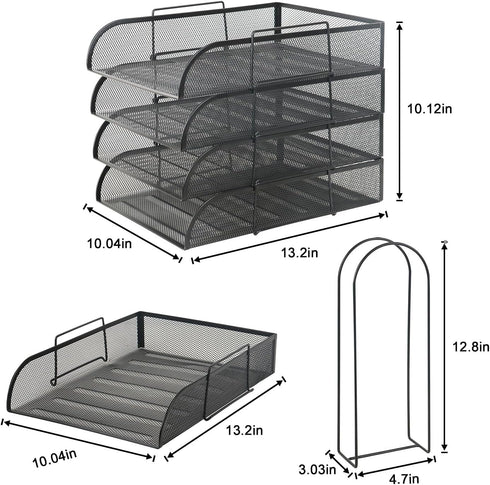 Stackable 4 Tier Paper Letter Tray Organizer, Mesh Desk Organizer with File Holder for Office Supplies, Black
