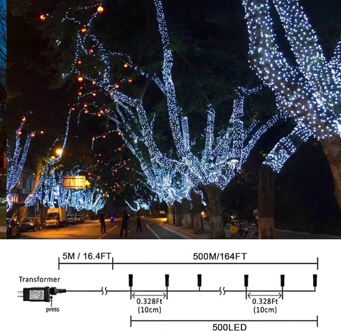 weillsnow 164 500 8 FT LED Christmas Lights Outdoor, Waterproof Christmas Fairy Lights with Timer, Plug in White LED