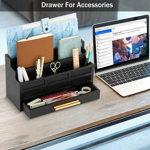 Black Wood Desk Organizer with Drawer, Rustic Bill Mail Organizer and File Holder for Office Supplies