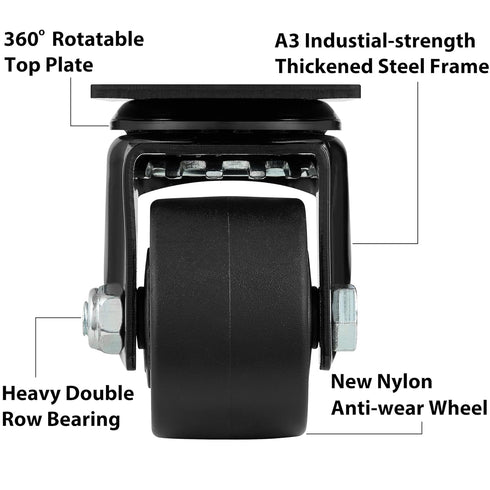Finnhomy 2 Inch Caster Wheels Set of 4 Heavy Duty Low Profile Plate Swivel Casters Premium Solid Nylon Wheels 2,200 Lbs Anti-wear Furniture Casters Extra-Wide Smooth for Industrial Workbench Black