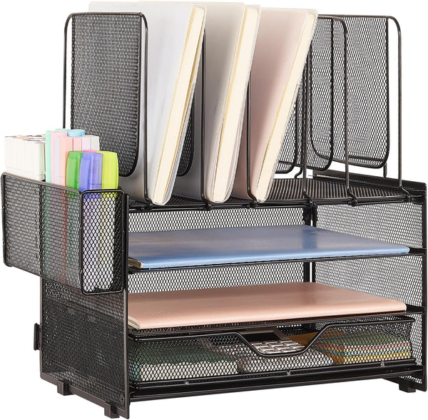 Desk Organizers and Accessories, 3-Tier Paper Organizer with 5 Vertical File Holders, File Organizer for Desk with