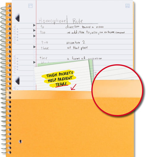Five Star 3 Subject Spiral Notebook + Study App, 10-1/2" x 8", 150 Sheets, Wide Ruled Paper, Red (72029)
