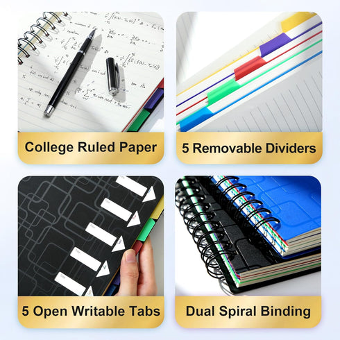 CAGIE 5 Subject Notebook for Work, 240 Pages Spiral Notebooks, College Ruled with Dividers Tabs, A5 Small Note Book