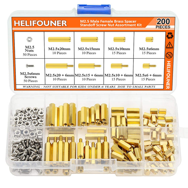 M2.5 Male Female Hex Brass Spacer Standoff Screw Nut Assortment Kit, 200 Pieces
