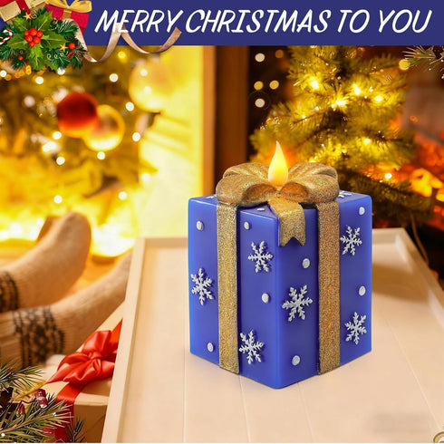 LCZLUMIPRO Christmas Flameless Gift Box Candle Hand-Painted Real Wax LED Candle with Remote Timer Battery Operated Blue