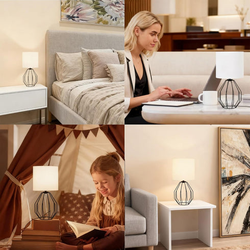 Set 2 Small Table Lamp of Black, Bedside Lamps with Metal Cage & Linen Lampshade, Cute Desk Lamps for Nightstand