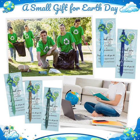 75 Geyoga Pcs Earth Day Gifts Bulk Retractable Earth Pens Rotating Globe Keychain with Inspirational Thank You Cards