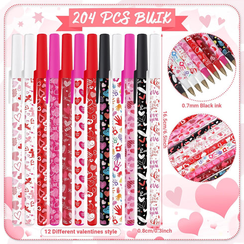 Faccito 204 Pcs Valentine's Day Ballpoint Pens Bulk, Heart Pattern Pens, Valentine's Day Prizes for Boys Girls