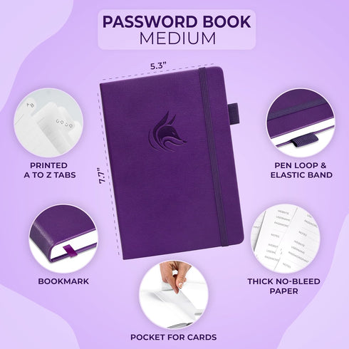 Clever Fox Password Book with Alphabetical Tabs - Internet Address Organizer Logbook, Medium Password Keeper (Purple)