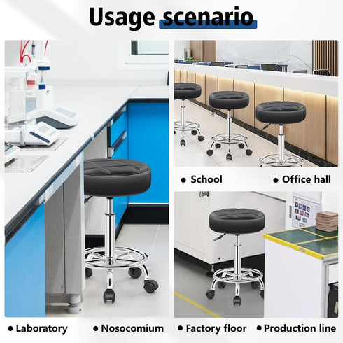 Brick Attic Rolling Stool with Wheels, PU Leather Small Office Chair with Foot Rest,Versatile Adjustable Swivel Stool