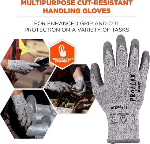 Ergodyne ProFlex 7030 Cut Resistant Work Gloves, ANSI A3, PU Coated Palms for Flexible No Slip Grip, Abrasion Resistant, 13g,Gray, 2X-Large