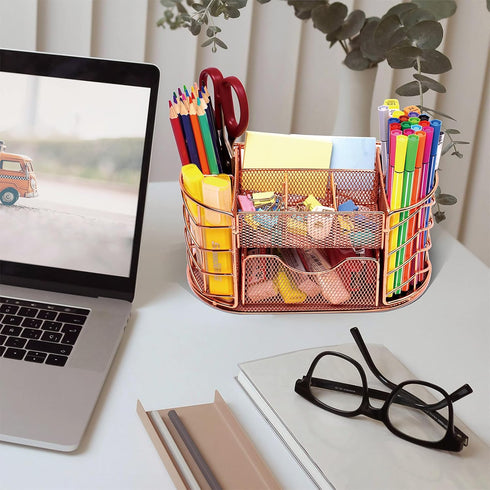 Metal Pencil Caddy Desk Organizer for Office Supplies (Rose Gold) - Pen Holder for Desktop