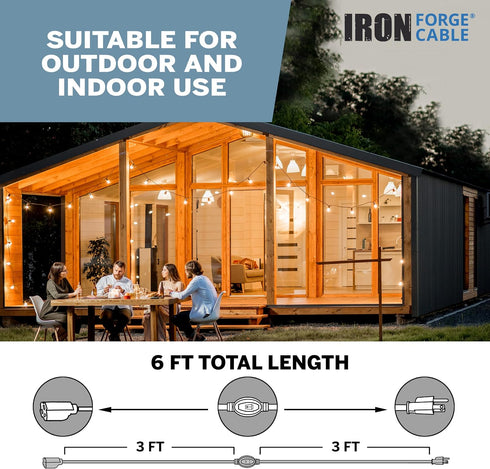 IRON FORGE CABLE Inline Extension Cord with On-Off Switch, 6 FT, 16/3 SJTW Power Switch, Black Household Outlet