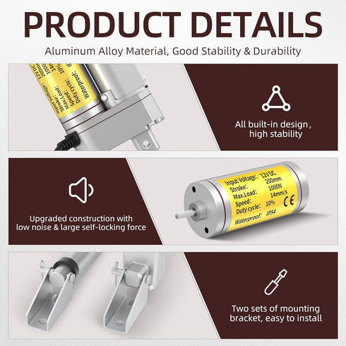 12 Volt Linear Actuator 1000N 8 Inch Stroke 200MM Heavy Duty with Reverse Polarity Switch, IP54 Waterproof