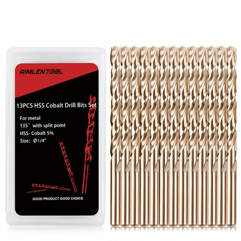 1/4 Inch Cobalt Drill Bits, 13 Pack M35 HSS, 135 Degree Tip, Jobber Length Twist Drill Bit Set for Metal and Wood