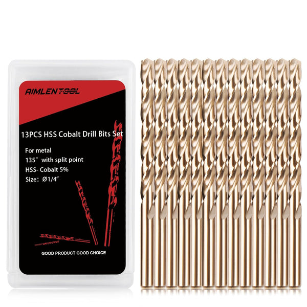1/4 Inch Cobalt Drill Bits, 13 Pack M35 HSS, 135 Degree Tip, Jobber Length Twist Drill Bit Set for Metal and Wood