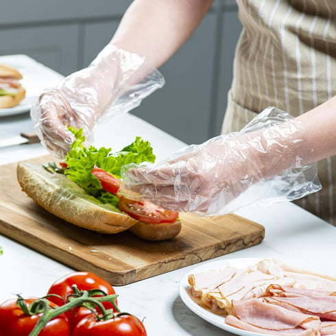 Comfy Package [100 Count Disposable Poly Plastic Gloves for Cooking, Food Prep and Food Service | Latex & Powder Free - One Size Fits Most