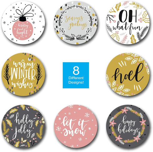 Grey Mustard Pink Christmas Stickers, 500 Modern Holiday Labels, 1.5" Winter Envelope Seals with 8 Festive Designs