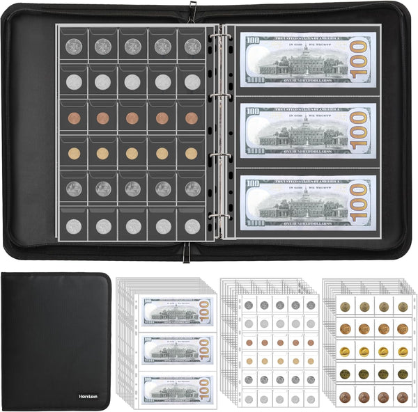 Coin Collection Album Holder, 400 Pockets Fireproof Coin Collection Book & 36 Paper Money Organizer Binder for Coin