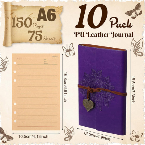 Yeaqee 10 Pack PU Leather Journal Notebook, Refillable Vintage Journal, 6 Ring Binder Diary with Lined Pages, A6 7" x 5"