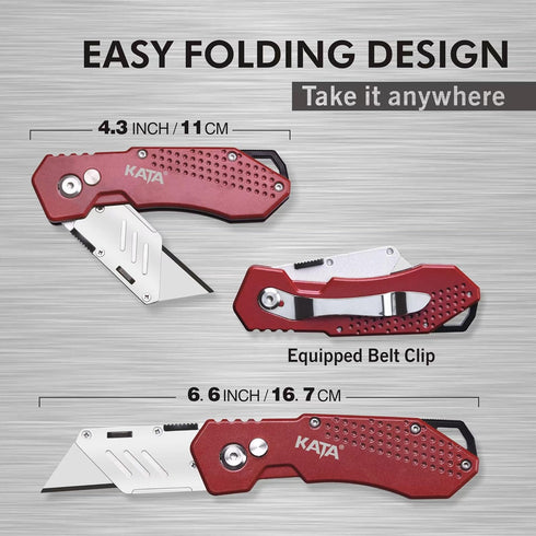 KATA 3-Pack Heavy Duty Box Cutter, Folding Utility Knife with Zinc Alloy Body, Extra 12pc Blades
