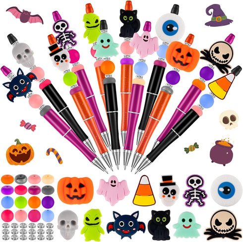 Halloween Beadable Pens, Plastic Bead Pens with 12 Pcs Silicone Beads, Pumpkin Bat Skull for Halloween Gifts