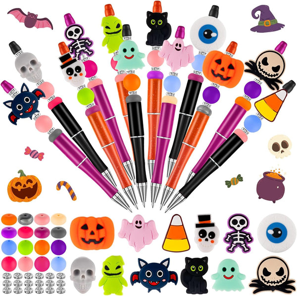 Halloween Beadable Pens, Plastic Bead Pens with 12 Pcs Silicone Beads, Pumpkin Bat Skull for Halloween Gifts