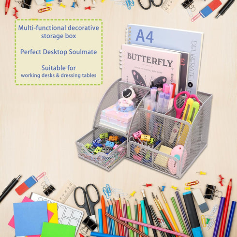 Boutilon Mesh Desk Organizer with 6 Compartments and 1 Drawer - Multi-Functional Caddy Pen Holder for Home Office