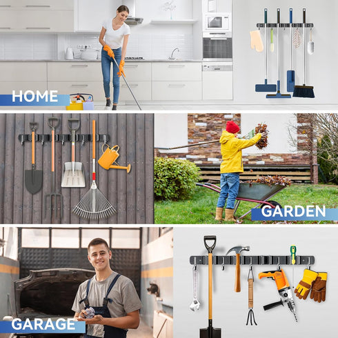 ZONGOOL 2 Pack Broom Holder Wall Mount, 4 Racks and 5 Hooks, Heavy Duty Organizer for Home Kitchen Garden