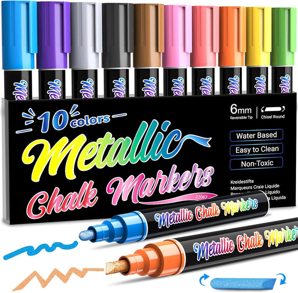 Metallic Liquid Chalk Markers, 10 Colors Wet Erase Window Marker Pens with 6mm Reversible Bullet & Chisel Tip