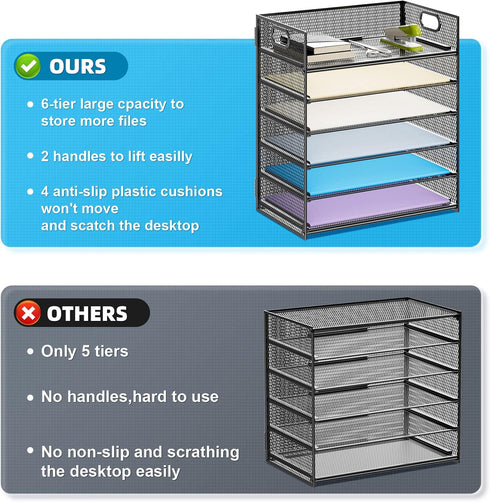 Marbrasse 6 Tier Paper Organizer, Mesh Desk File Holder with Handle for Letter/A4 Office Files, Black